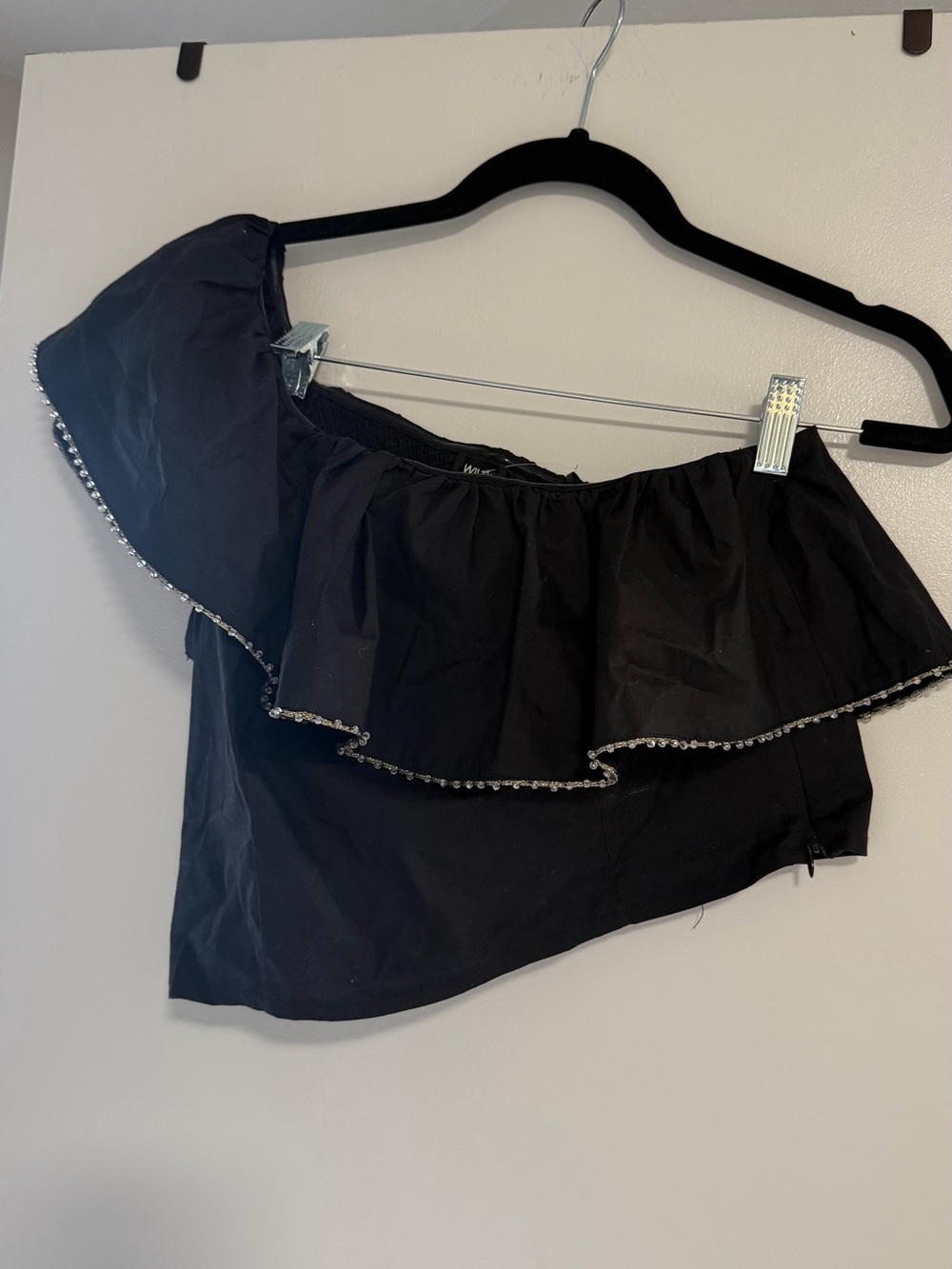 Wildfox Black One-Shoulder Ruffle Top with Beaded Trim